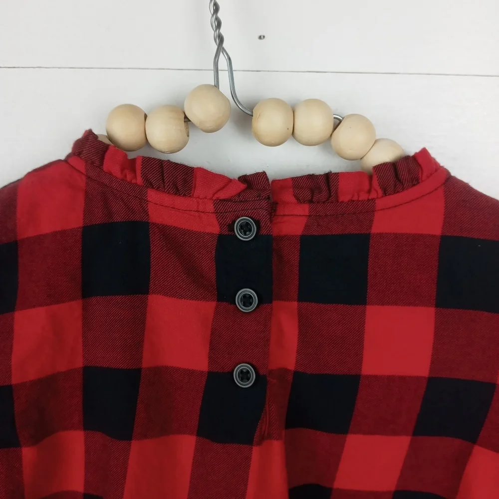 Baby Gap girls size 5T buffalo check smock sleeve ruffle blouse red and black